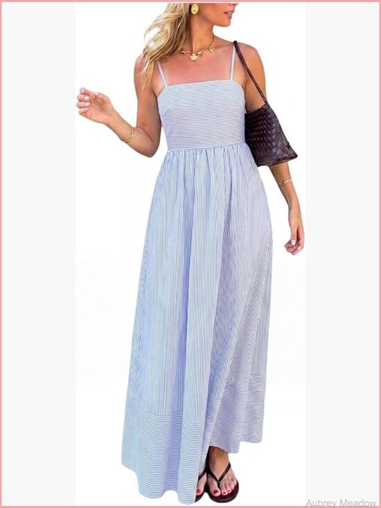 Dresses & Skirts - Striped Maxi Dress Spaghetti Strap Back Smocked Flowy Beach Dress